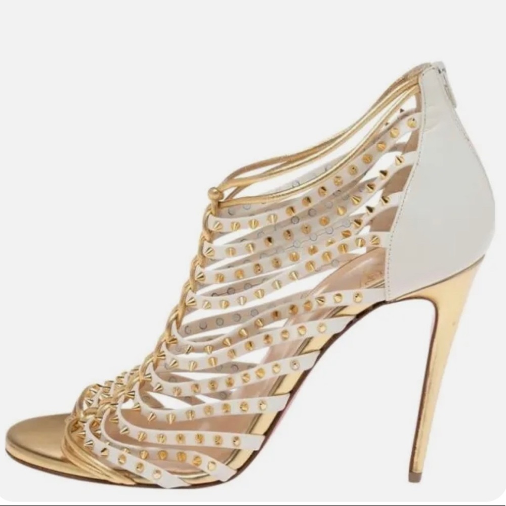 Christian Louboutin White Gold Spiked Leather Millaclou Cage Stilettos Sz 40